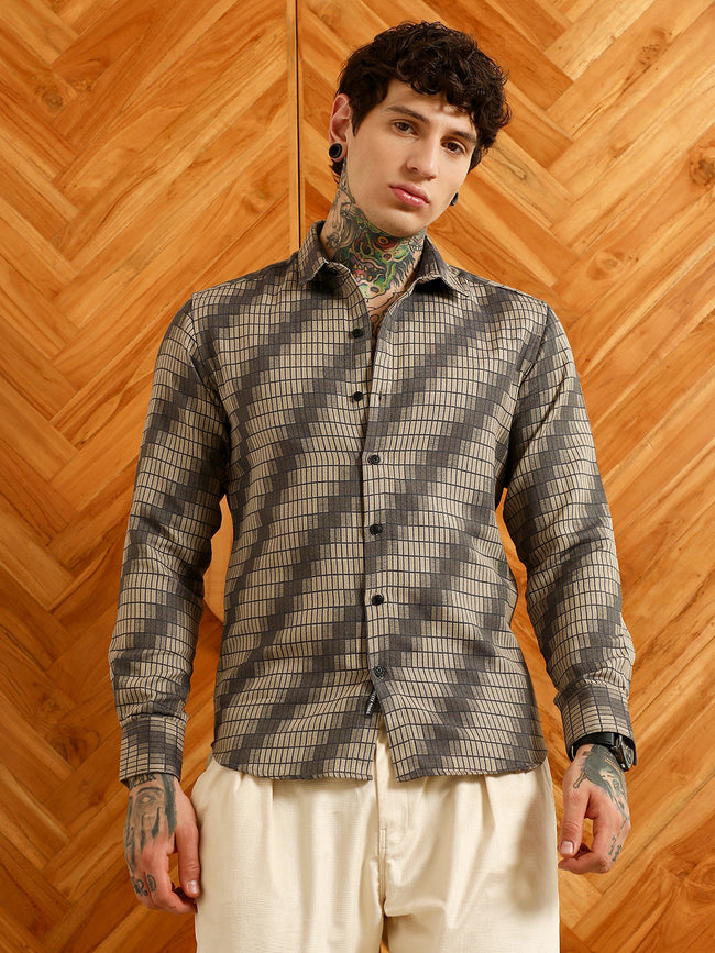 Men Diagonal Check Slim Fit Shirt