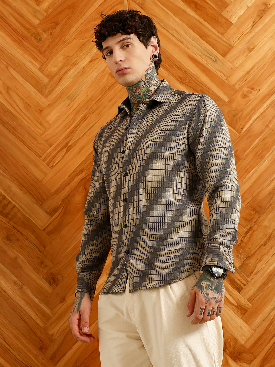 Men Diagonal Check Slim Fit Shirt