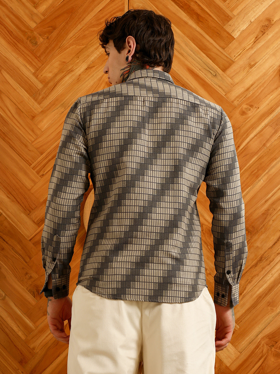 Men Diagonal Check Slim Fit Shirt