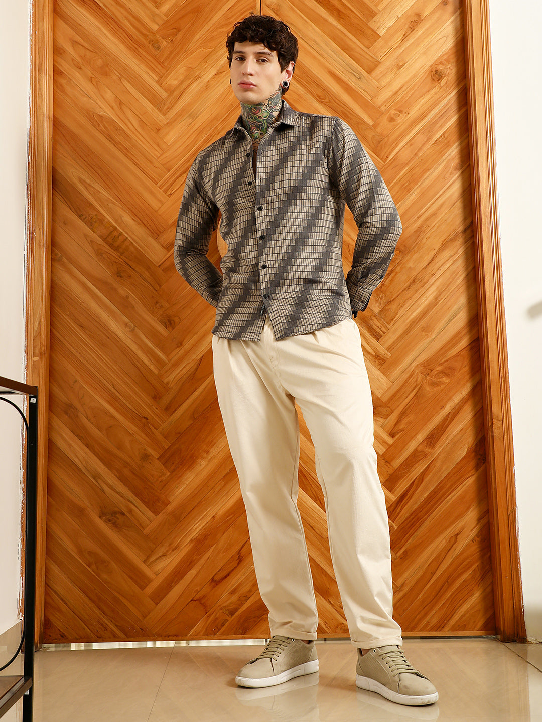 Men Diagonal Check Slim Fit Shirt