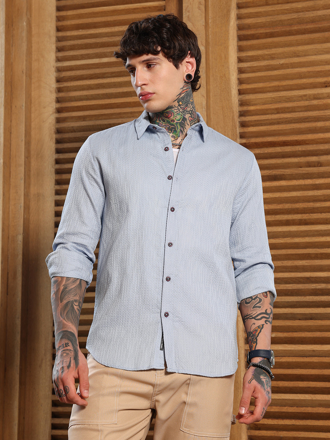 Men Baby Blue Lattice-Woven Shirt