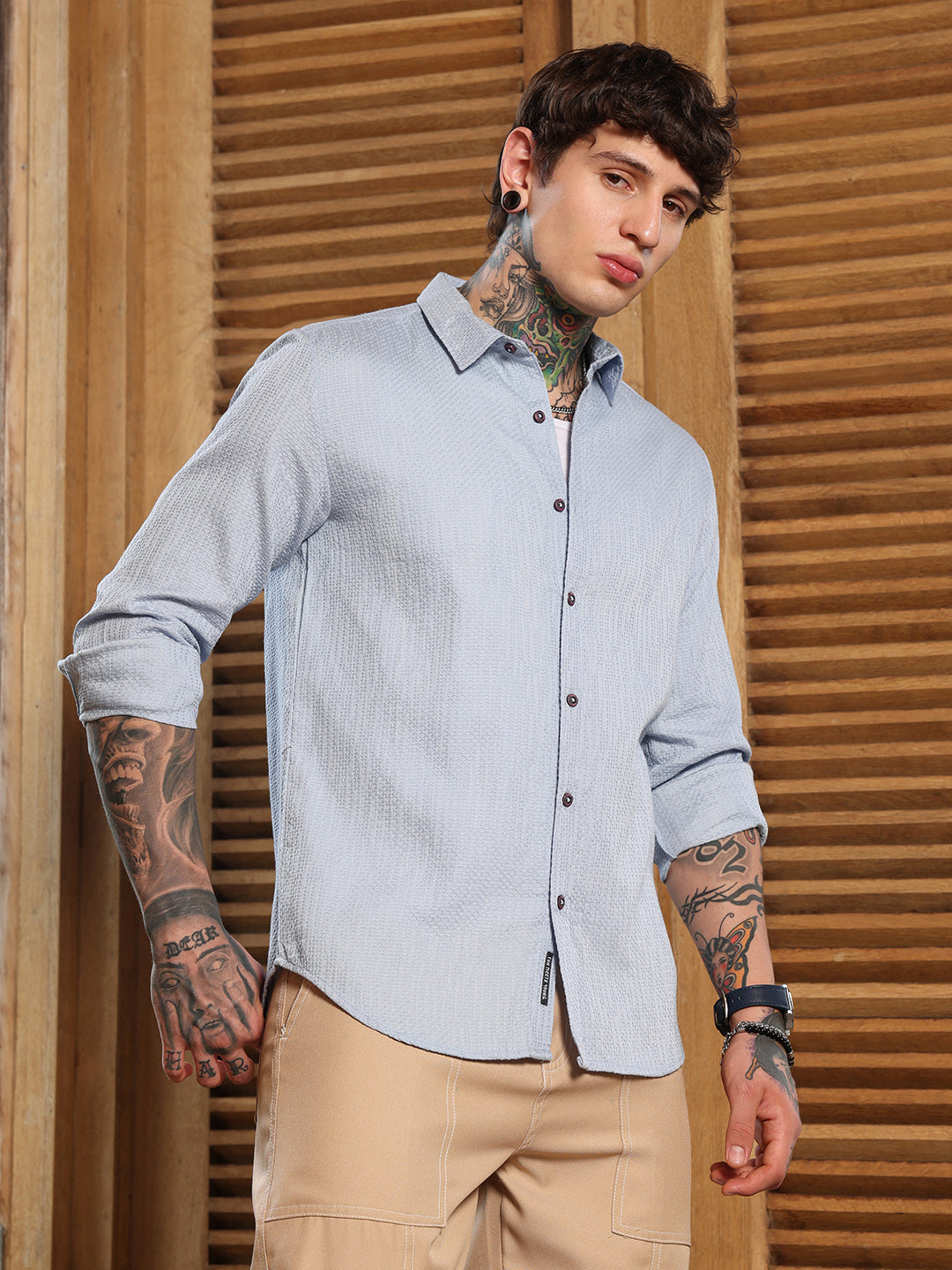 Men Baby Blue Lattice-Woven Shirt