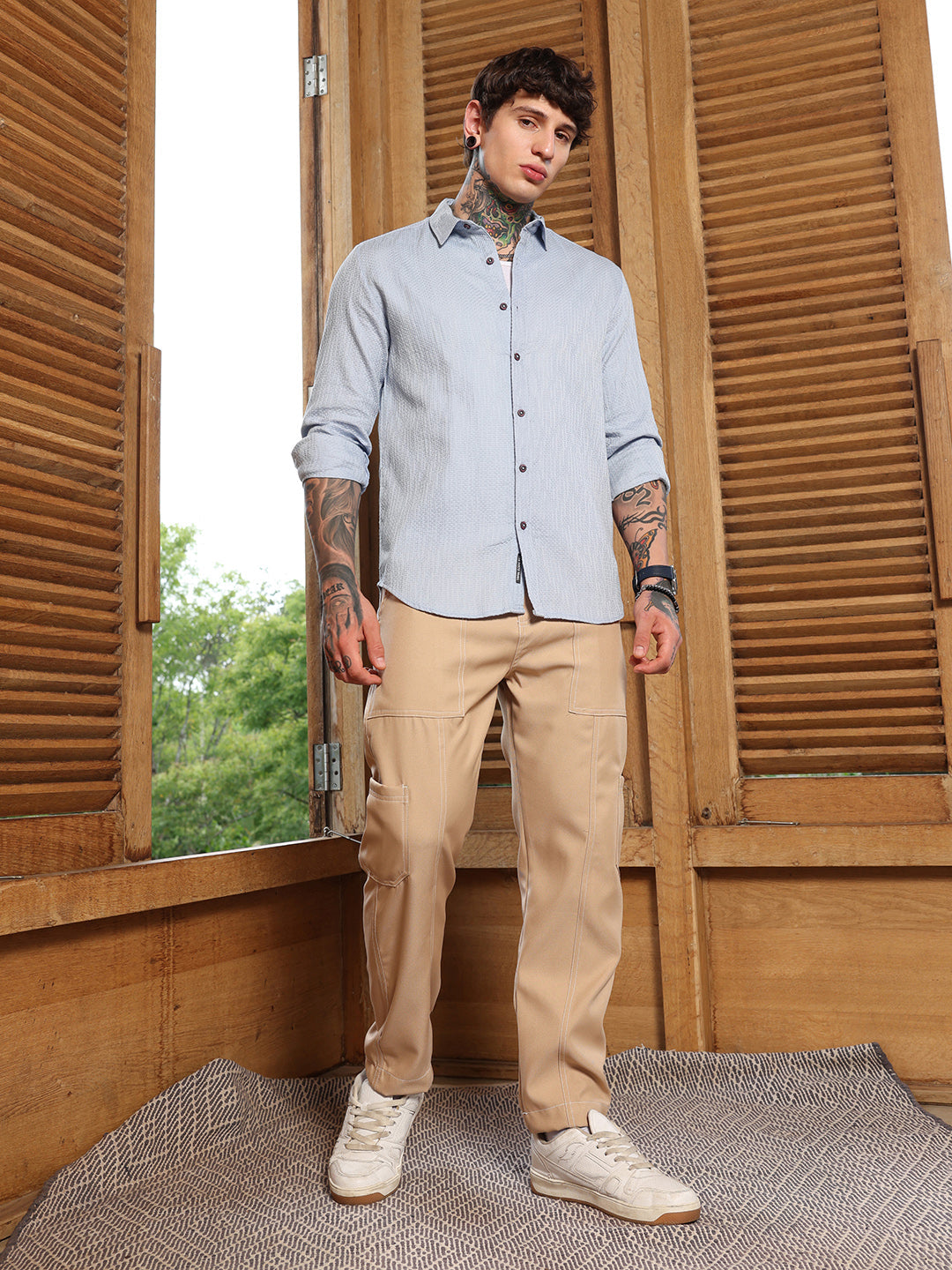 Men Baby Blue Lattice-Woven Shirt