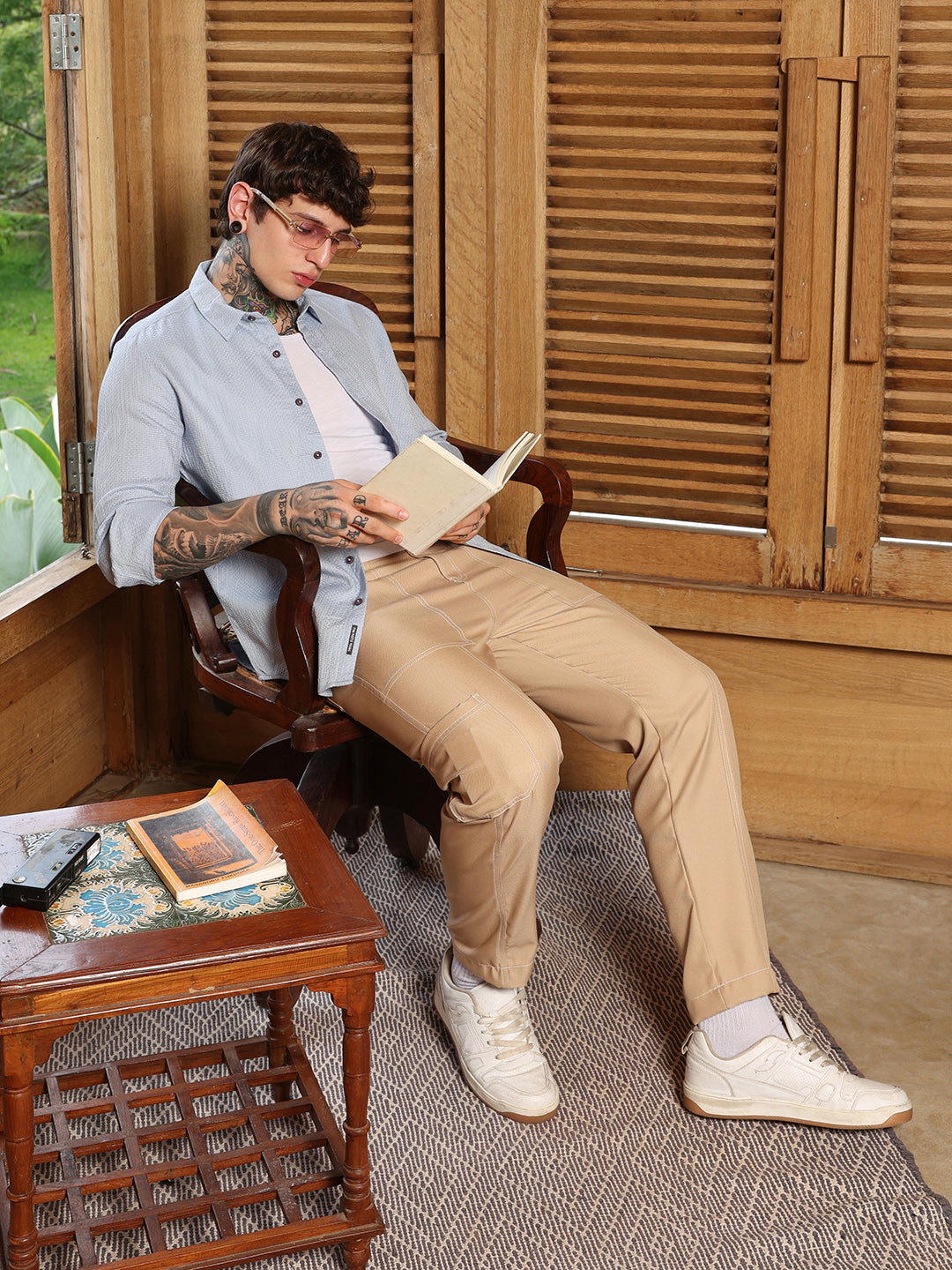Men Baby Blue Lattice-Woven Shirt