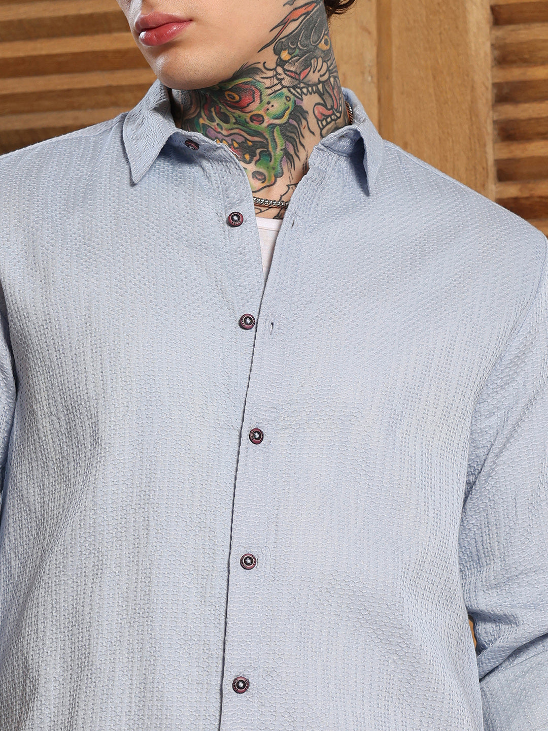 Men Baby Blue Lattice-Woven Shirt