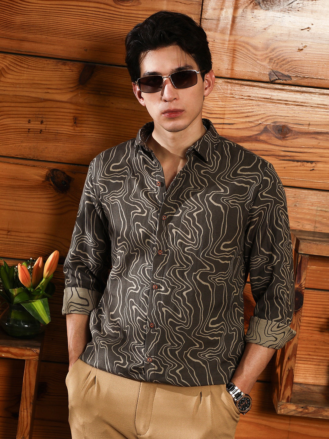 Men Cotton Blend Regular Abstract Shirt