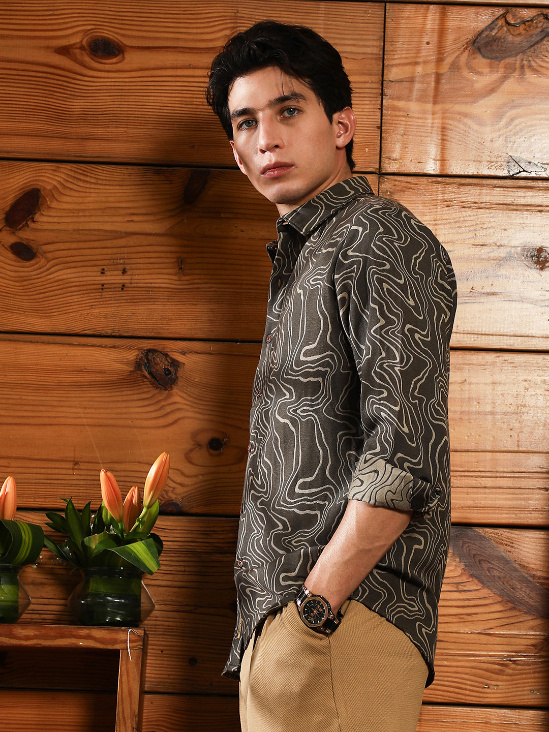 Men Cotton Blend Regular Abstract Shirt