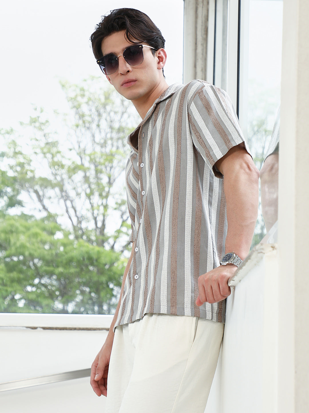 Men Striped Cotton Blend Cuban Collar Shirt