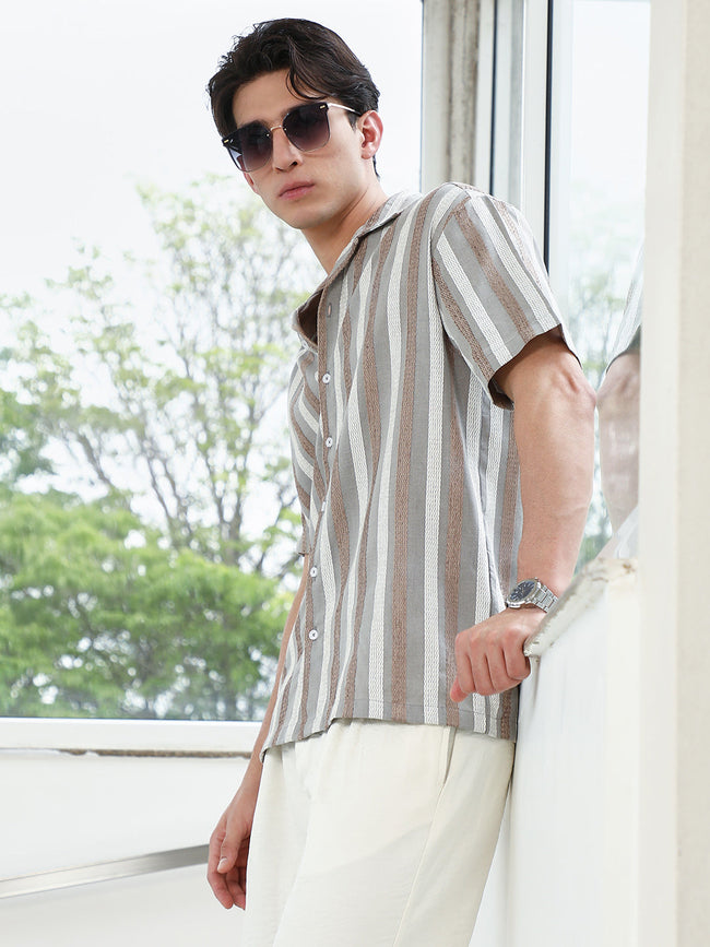 Men Striped Cotton Blend Cuban Collar Shirt