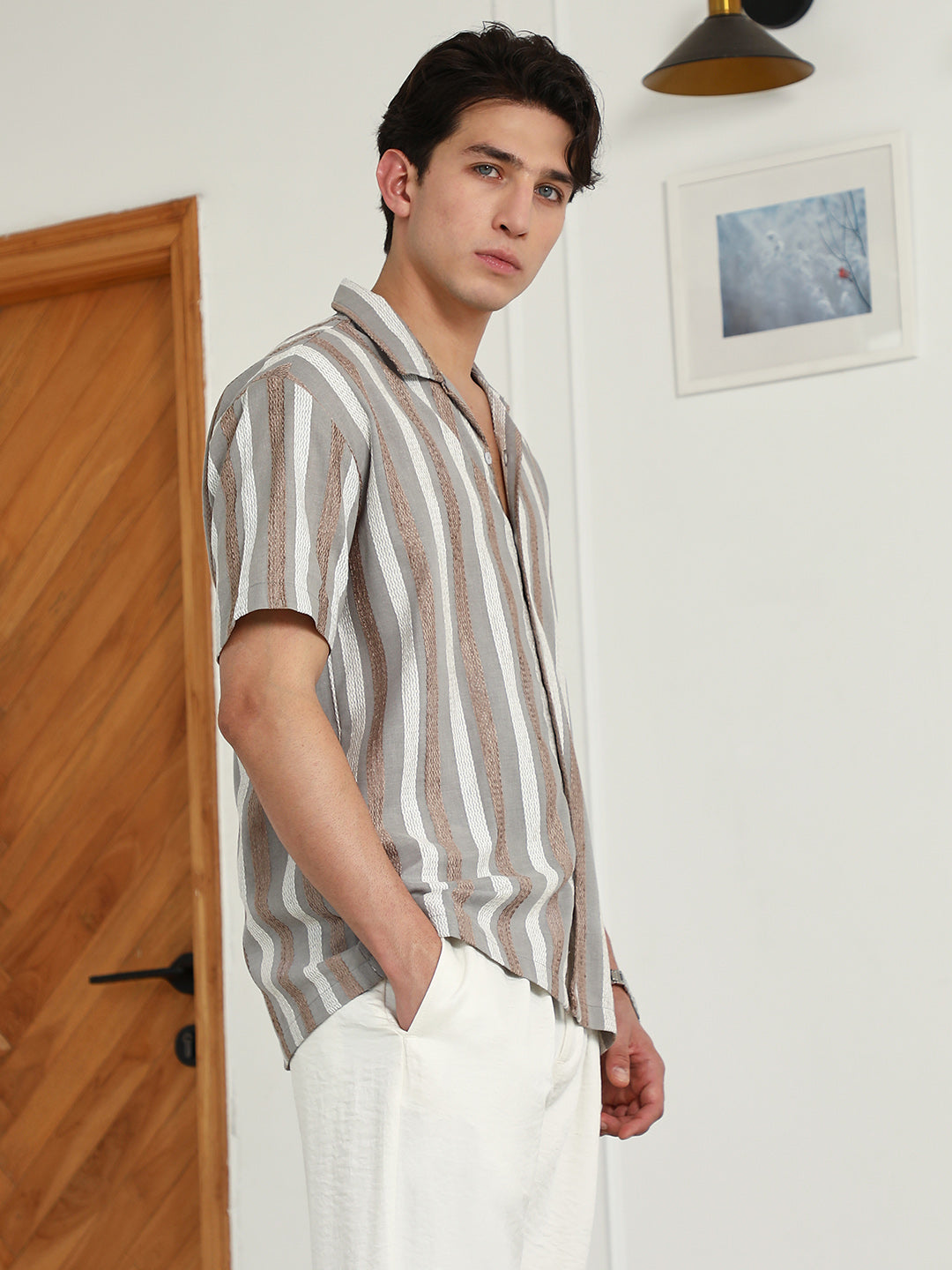 Men Striped Cotton Blend Cuban Collar Shirt