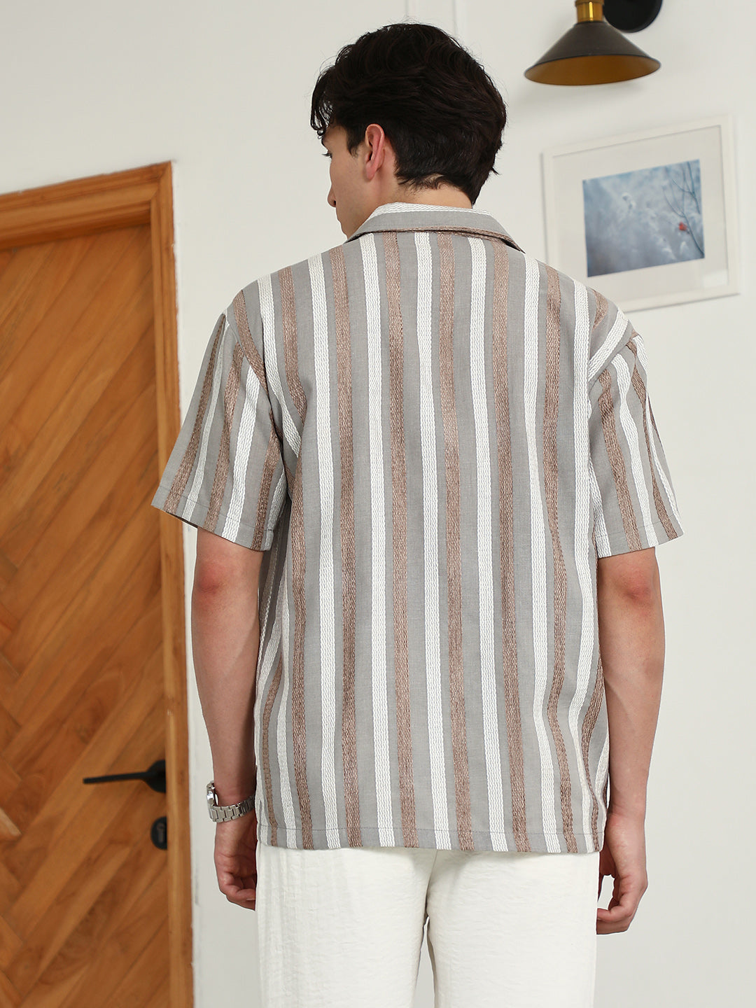 Men Striped Cotton Blend Cuban Collar Shirt