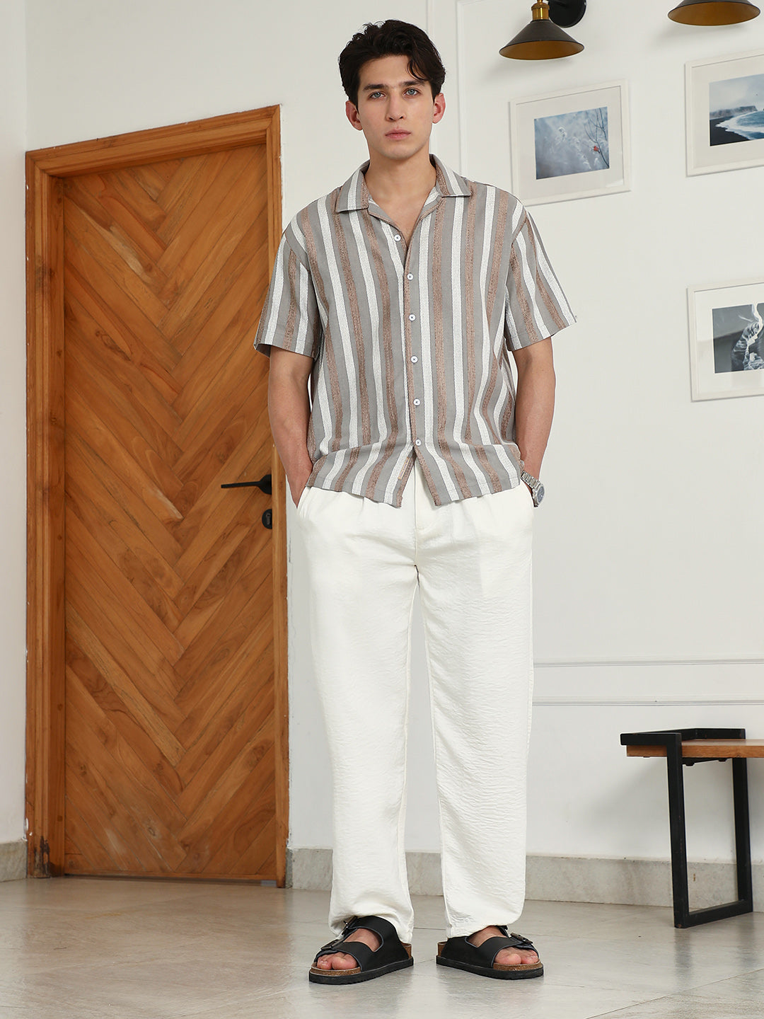 Men Striped Cotton Blend Cuban Collar Shirt
