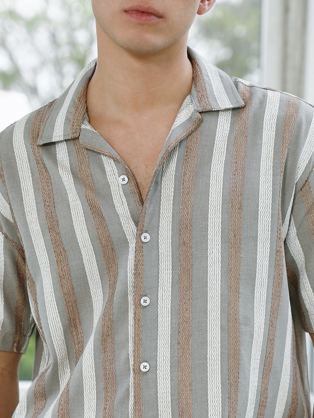 Men Striped Cotton Blend Cuban Collar Shirt