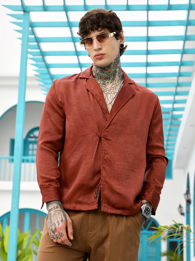 Men Brick Red Cuban-Modular Shirt