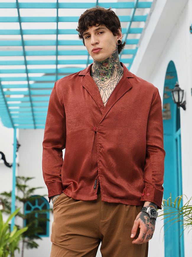 Men Brick Red Cuban-Modular Shirt