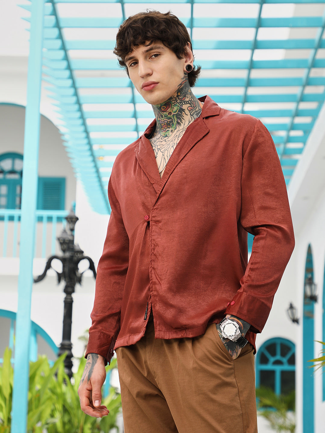 Men Brick Red Cuban-Modular Shirt