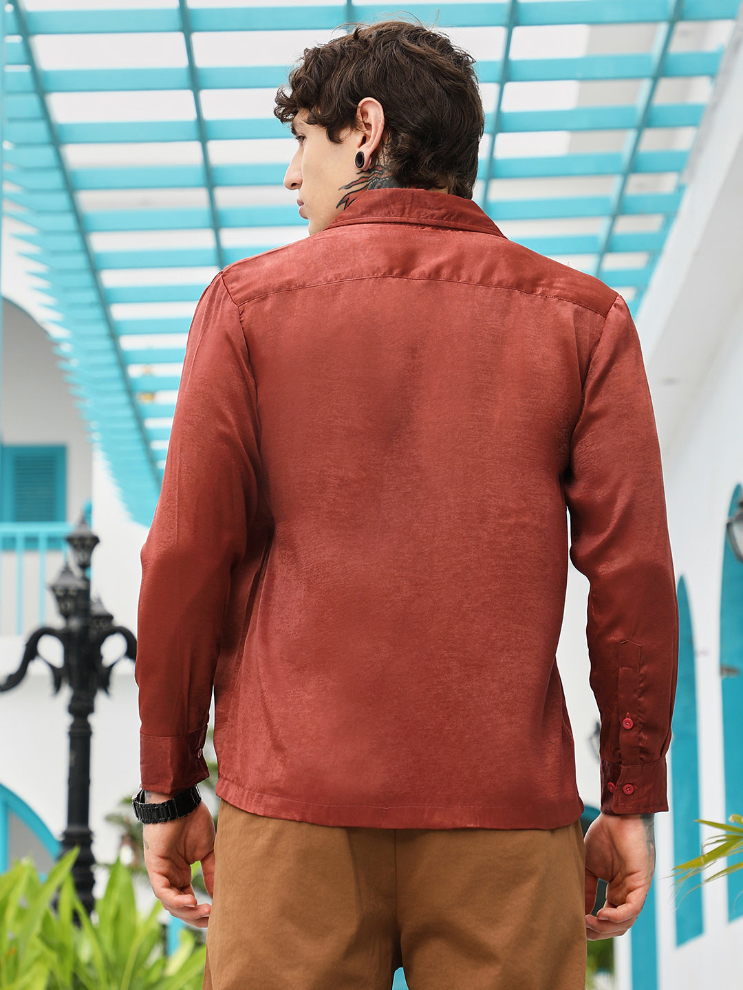 Men Brick Red Cuban-Modular Shirt