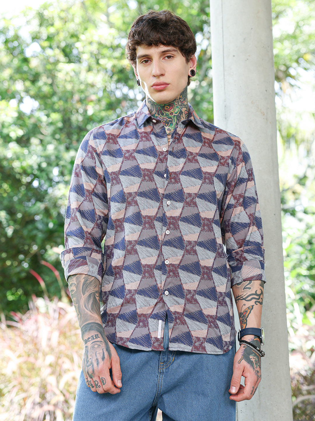 Men Cotton Blend Regular Geometric Shirt