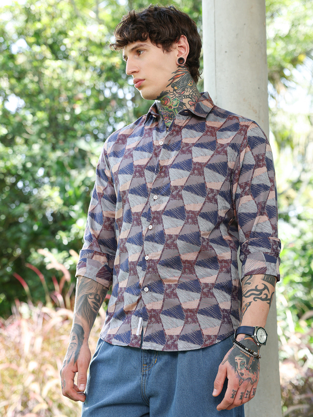 Men Cotton Blend Regular Geometric Shirt