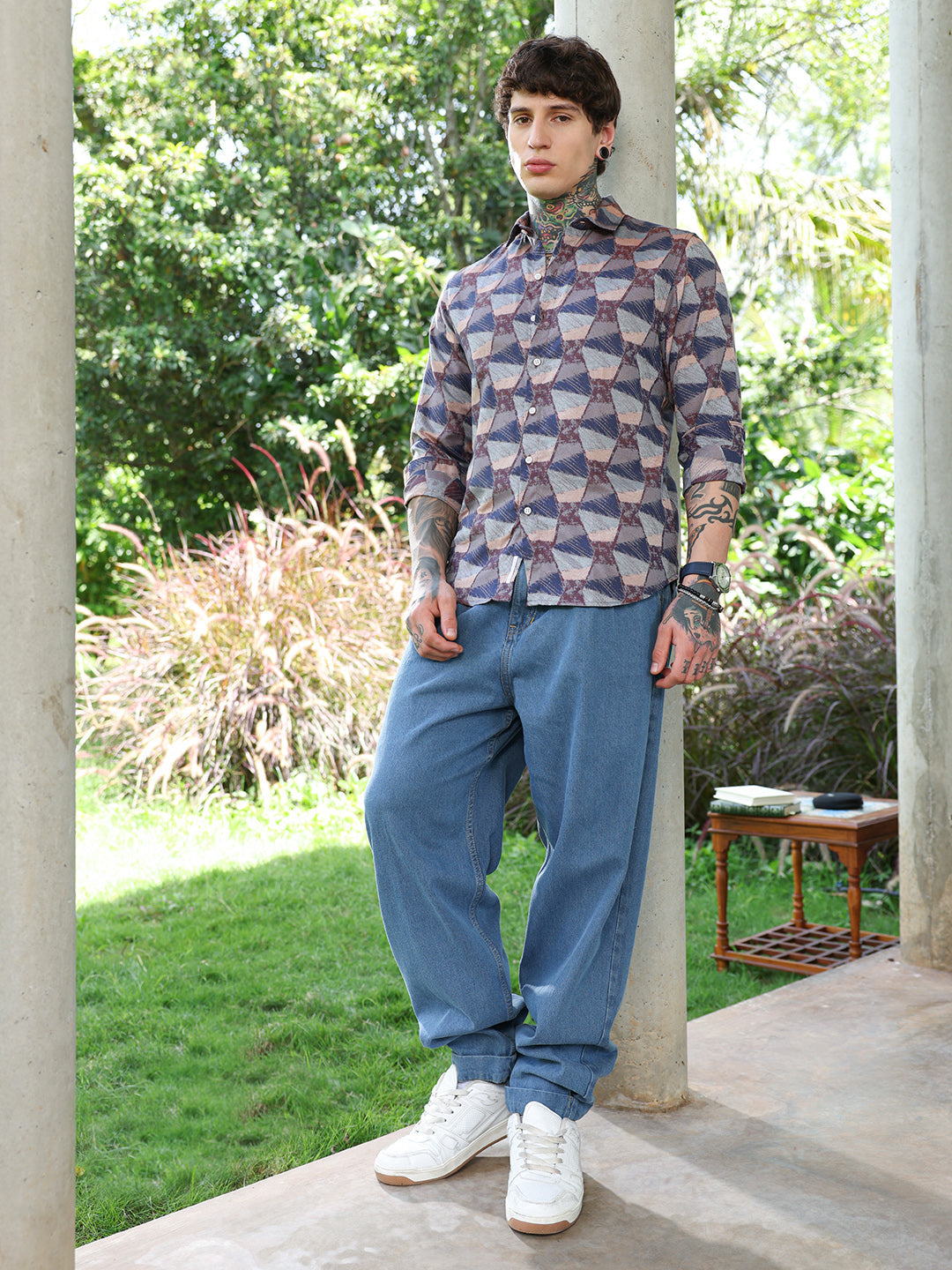 Men Cotton Blend Regular Geometric Shirt