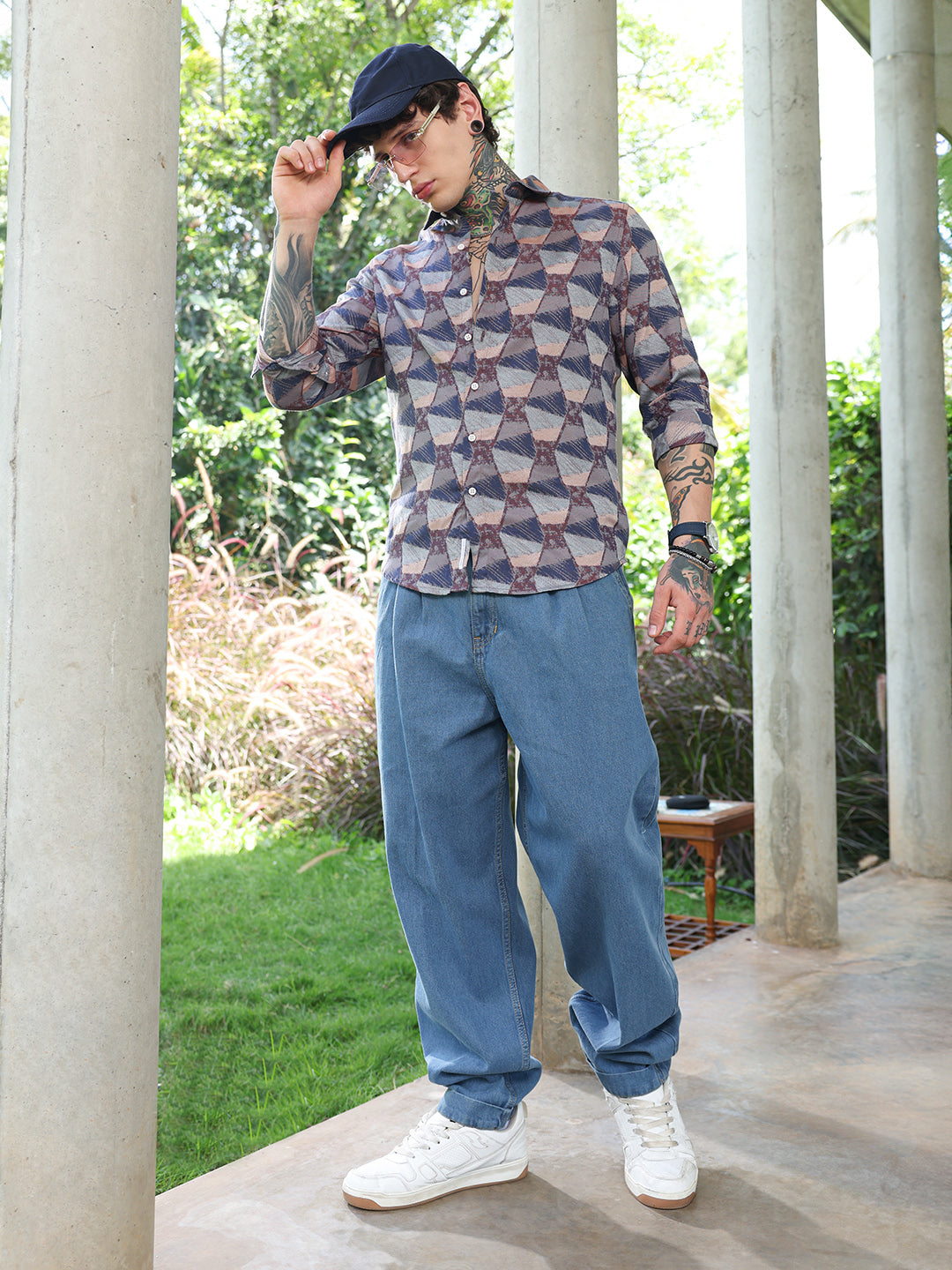 Men Cotton Blend Regular Geometric Shirt