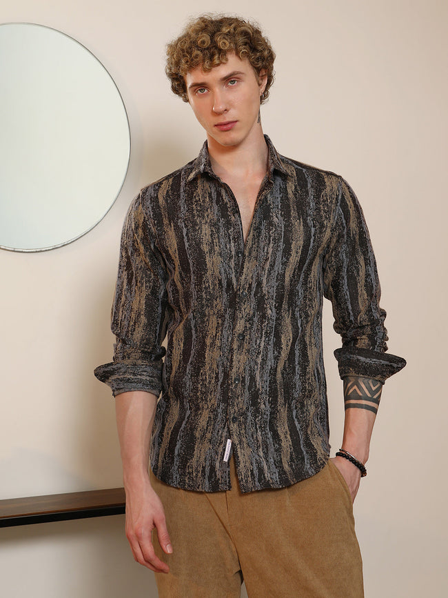 Men Artistic Striped Cotton-Polyester Blend Shirt