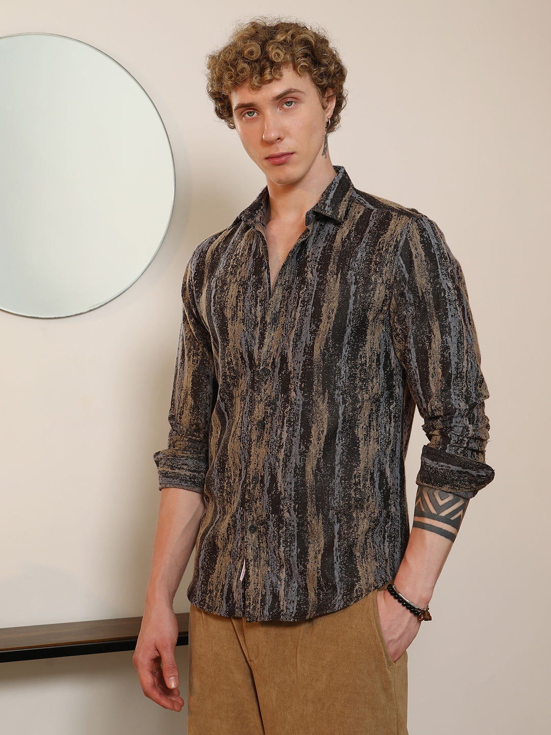 Men Artistic Striped Cotton-Polyester Blend Shirt