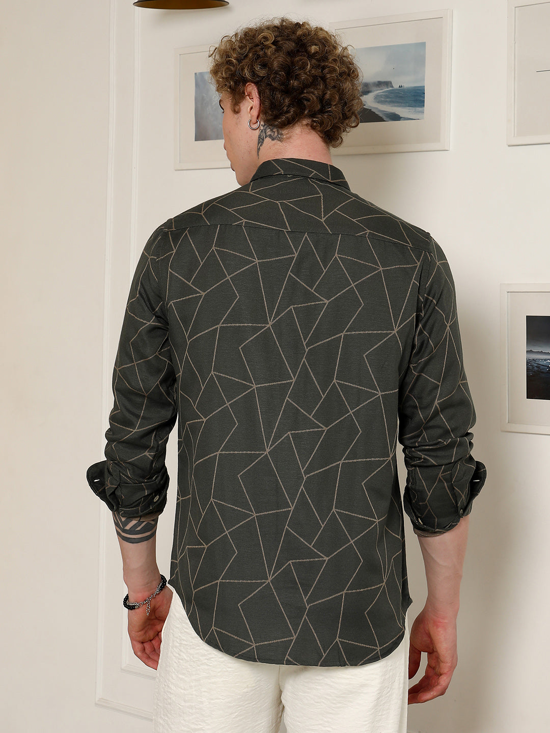 Men Dark Green Geometric Pattern Full Sleeve Shirt