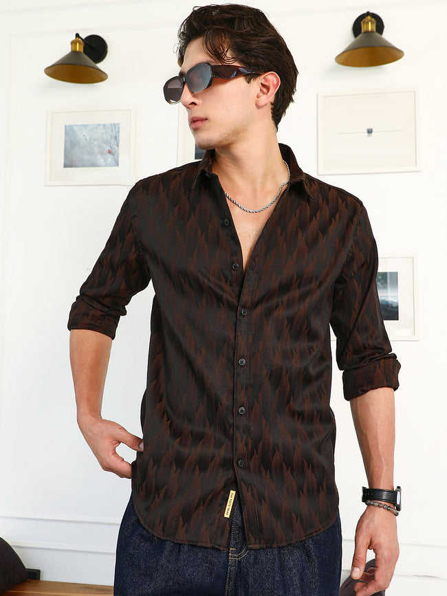 Men Coffee Brown Gradient-Geometric Jacquard Shirt