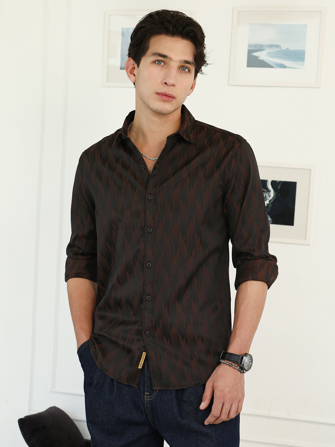 Men Coffee Brown Gradient-Geometric Jacquard Shirt