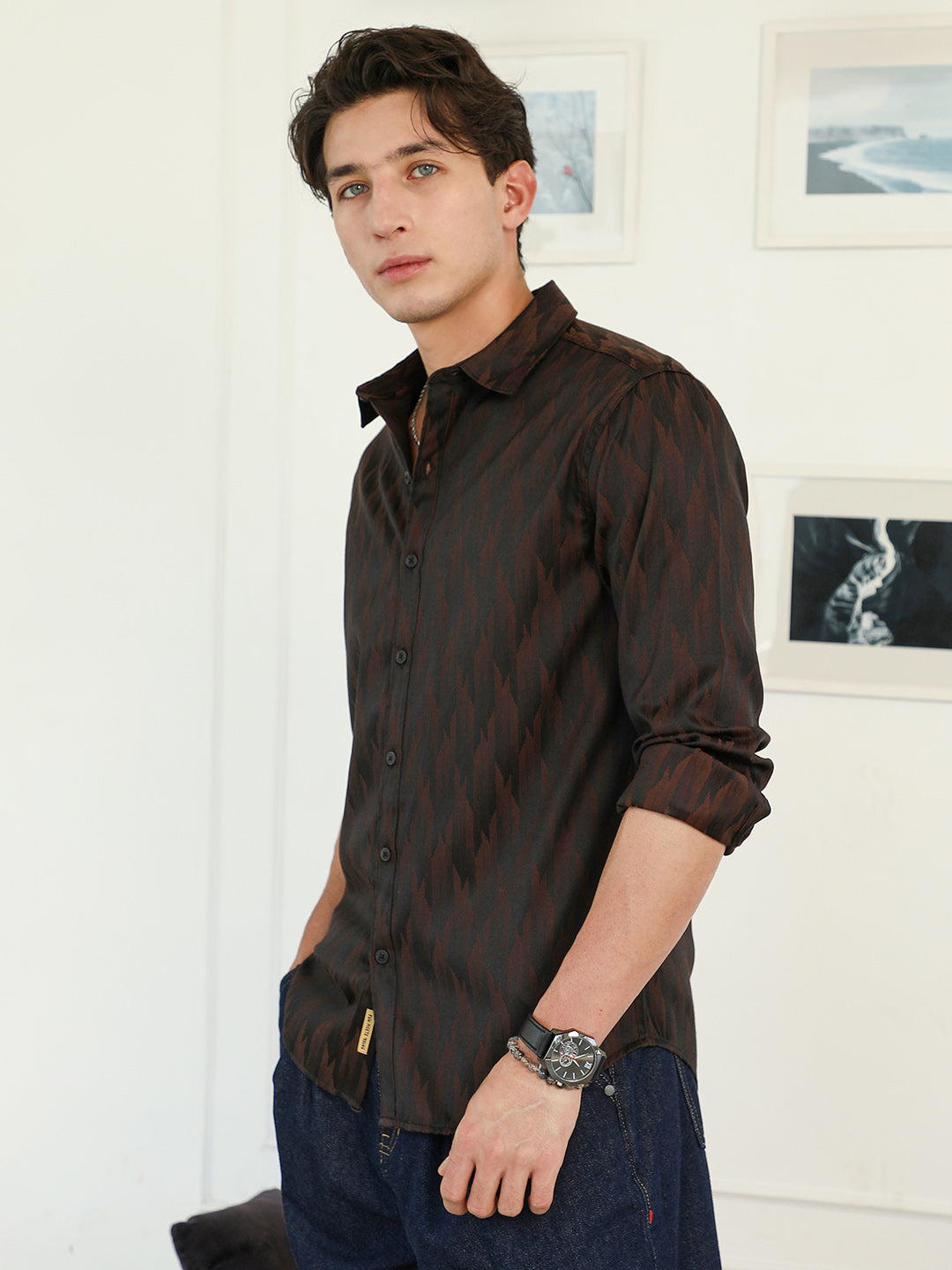 Men Coffee Brown Gradient-Geometric Jacquard Shirt