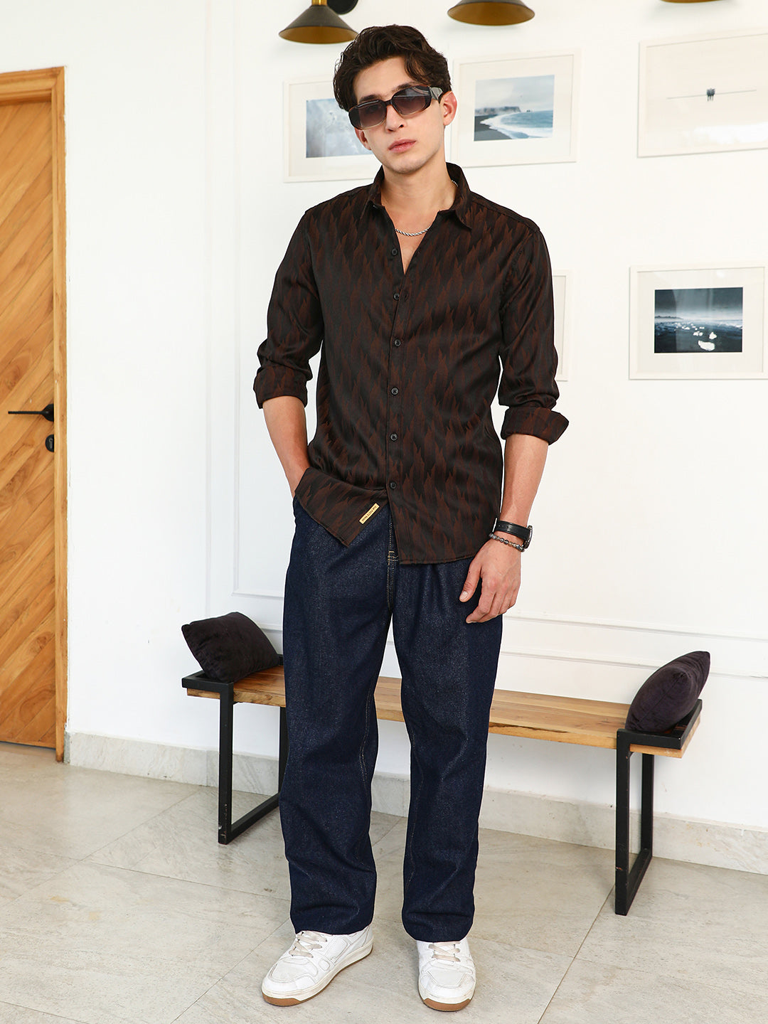 Men Coffee Brown Gradient-Geometric Jacquard Shirt
