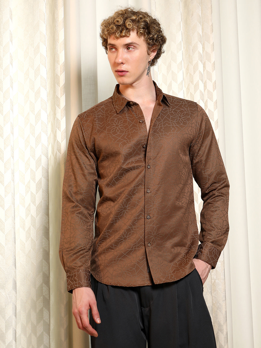 Men Brown Jacquard Full Sleeve Tailored Fit Shirt