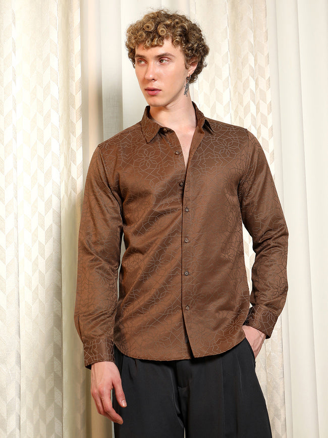 Men Brown Jacquard Full Sleeve Tailored Fit Shirt