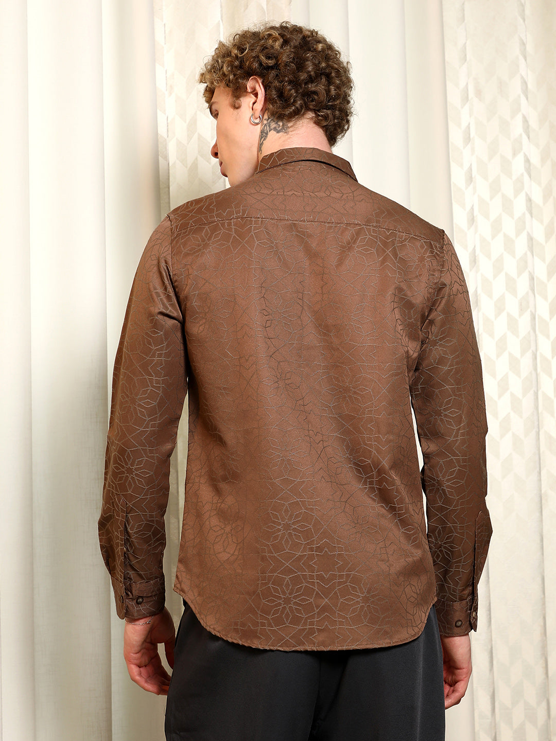 Men Brown Jacquard Full Sleeve Tailored Fit Shirt