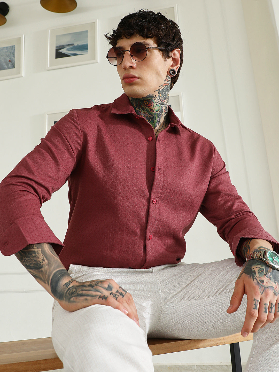 Men Burgundy Textured Cotton Blend Full Sleeve Shirt