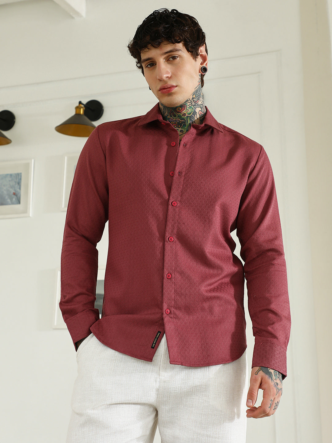 Men Burgundy Textured Cotton Blend Full Sleeve Shirt
