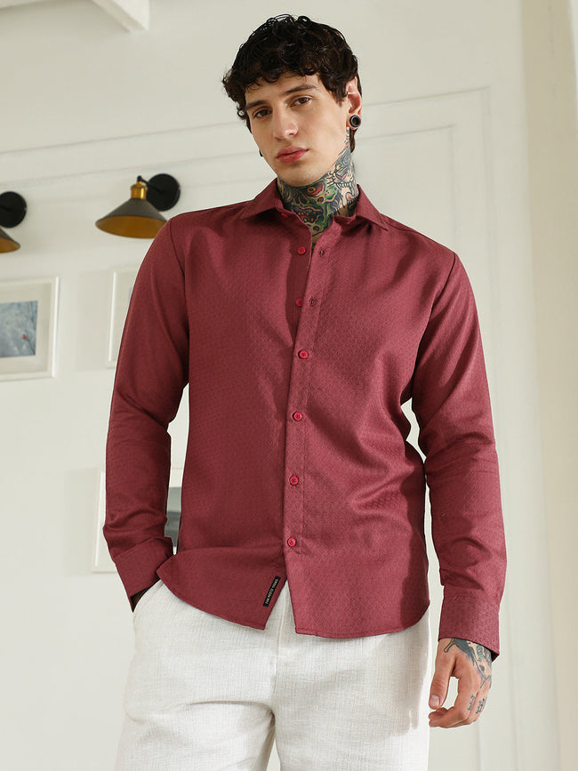 Men Burgundy Textured Cotton Blend Full Sleeve Shirt
