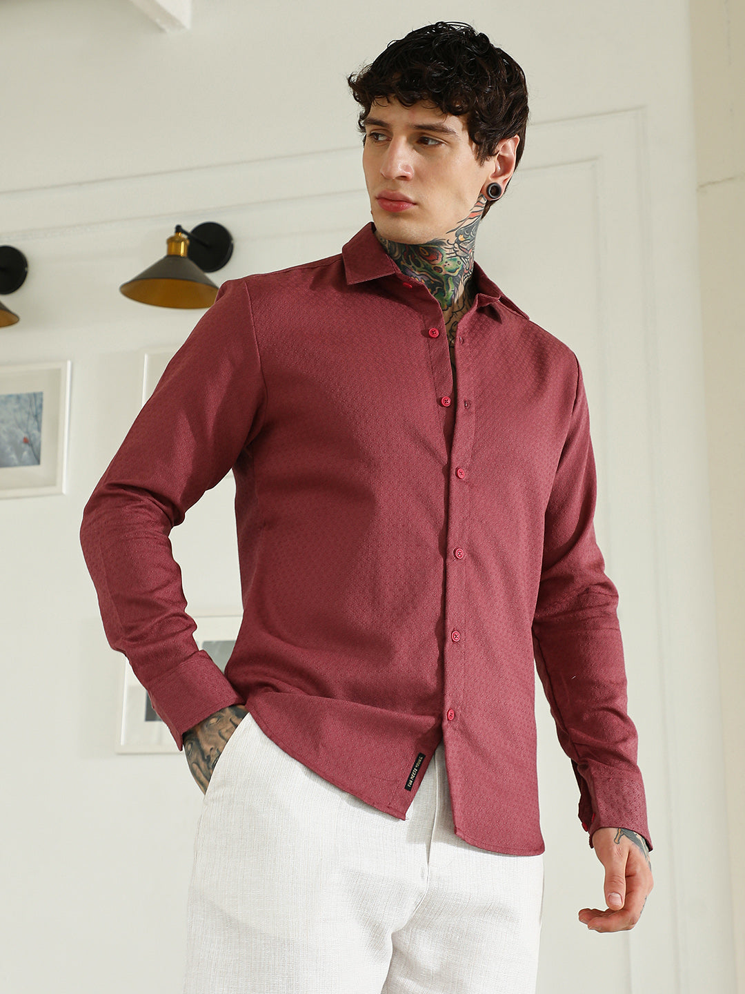 Men Burgundy Textured Cotton Blend Full Sleeve Shirt