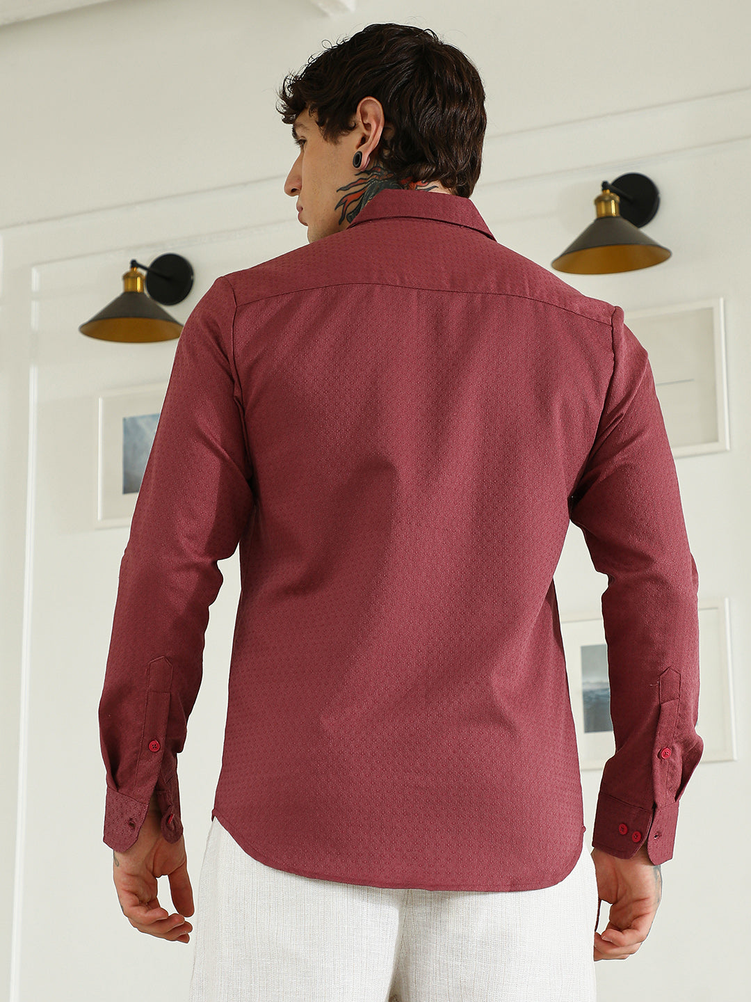 Men Burgundy Textured Cotton Blend Full Sleeve Shirt