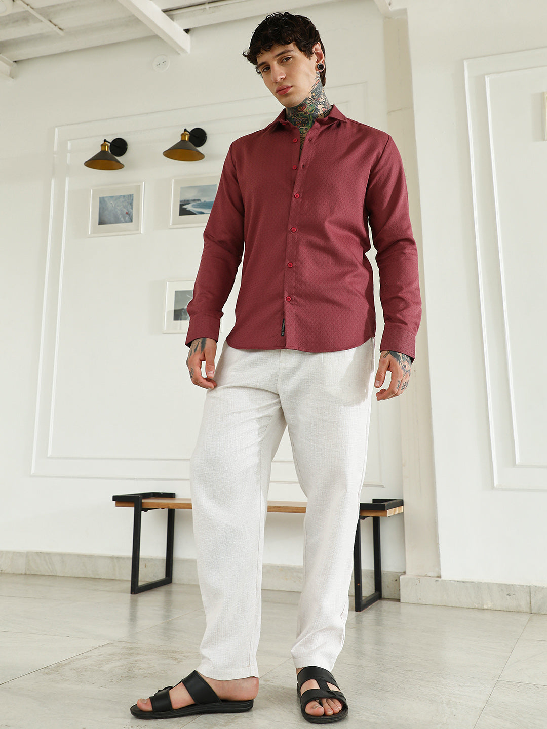 Men Burgundy Textured Cotton Blend Full Sleeve Shirt