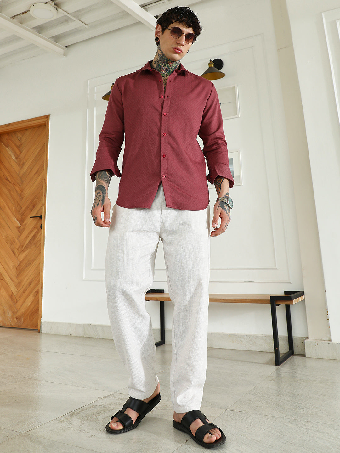 Men Burgundy Textured Cotton Blend Full Sleeve Shirt
