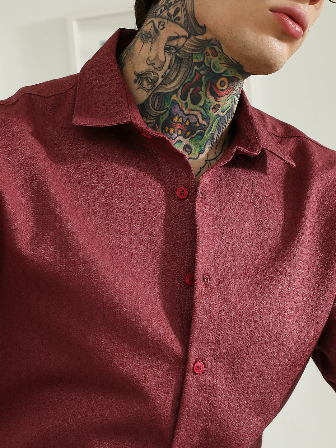 Men Burgundy Textured Cotton Blend Full Sleeve Shirt
