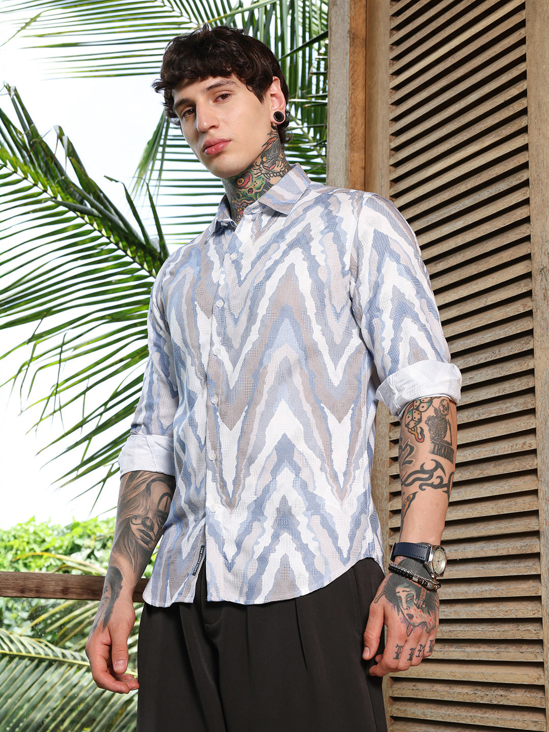 Men Cotton Blend Regular Geometric Shirt