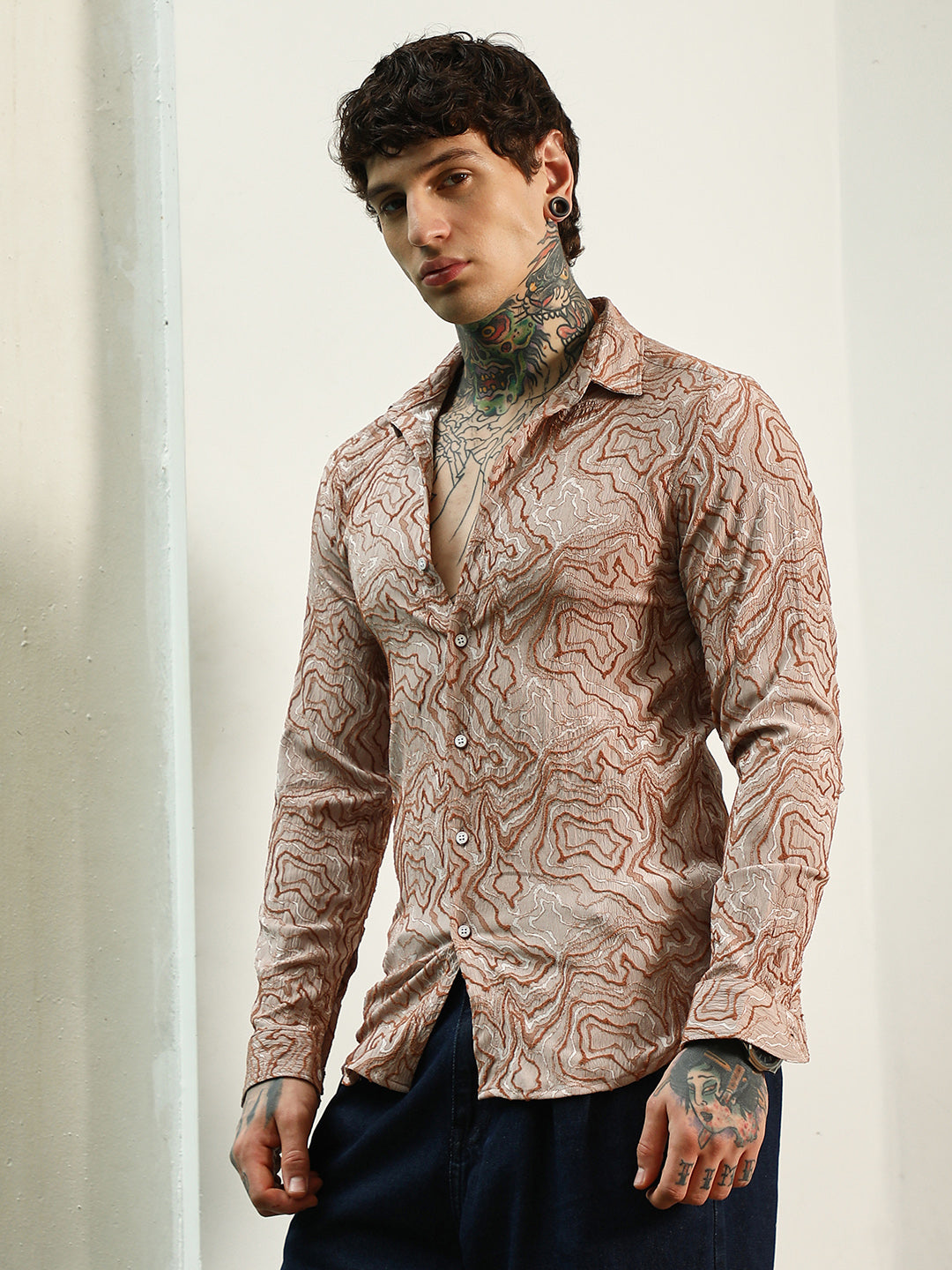 Men Blended Fabric Regular Abstract Shirt