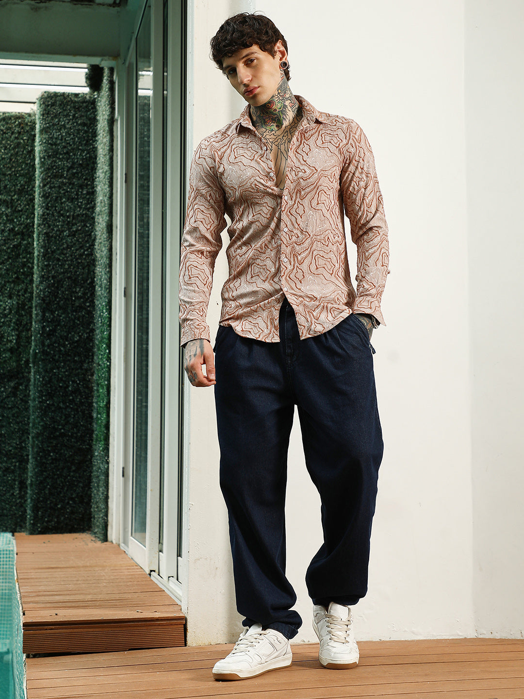 Men Blended Fabric Regular Abstract Shirt