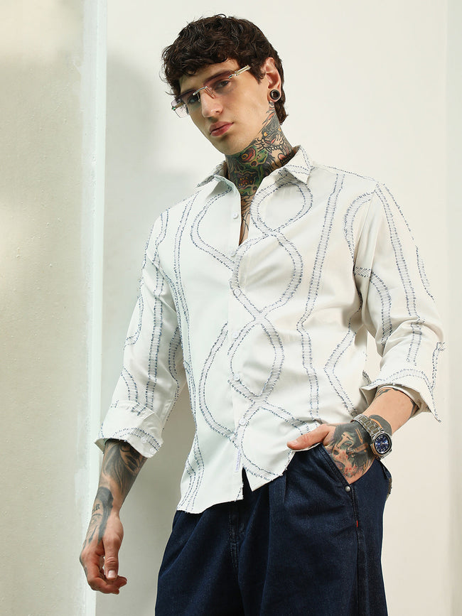 Men White Stitched Pattern Shirt