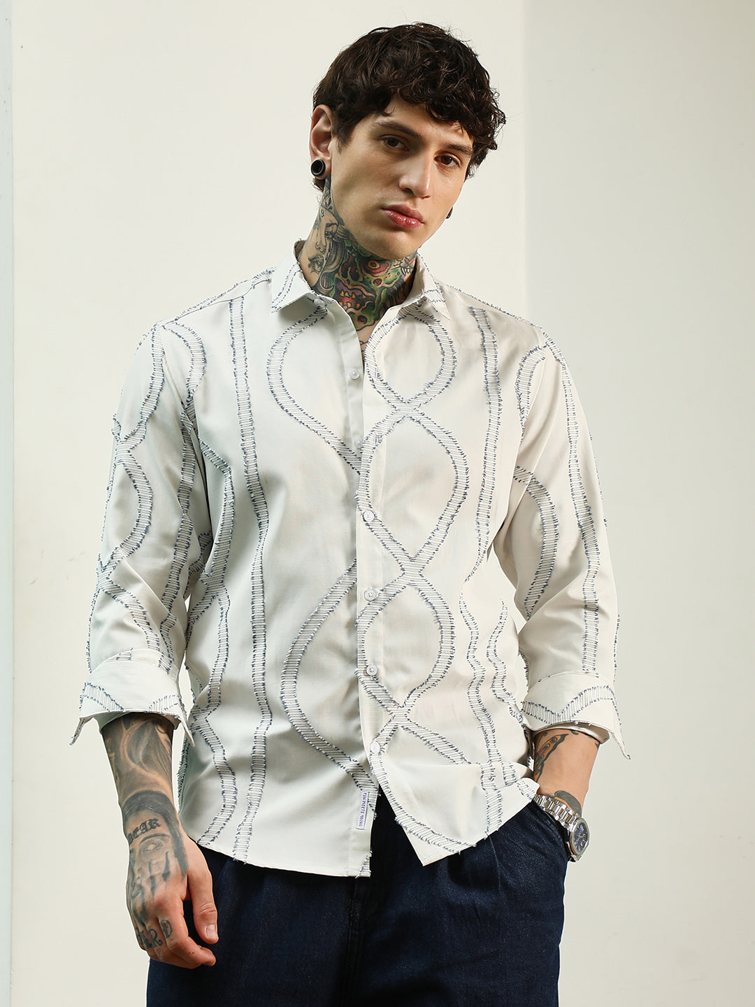Men White Stitched Pattern Shirt