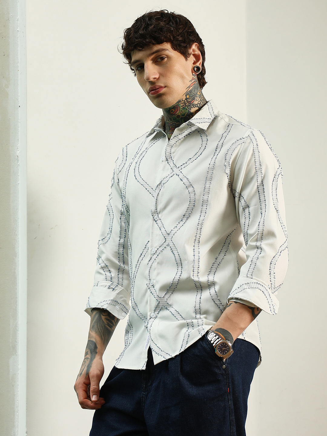 Men White Stitched Pattern Shirt