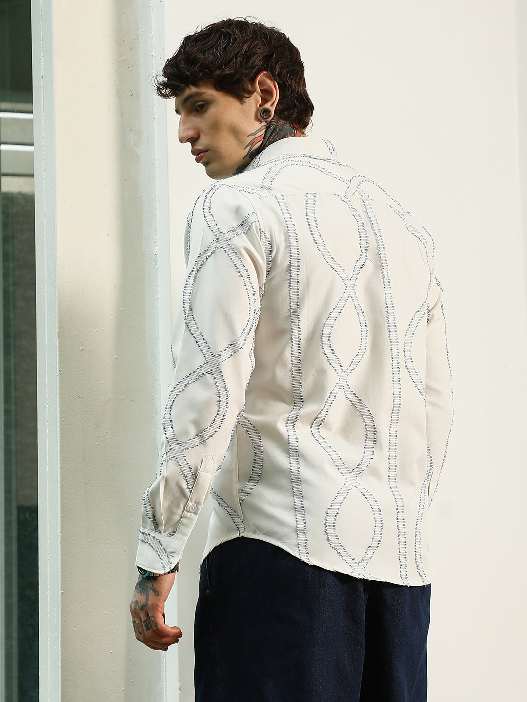 Men White Stitched Pattern Shirt
